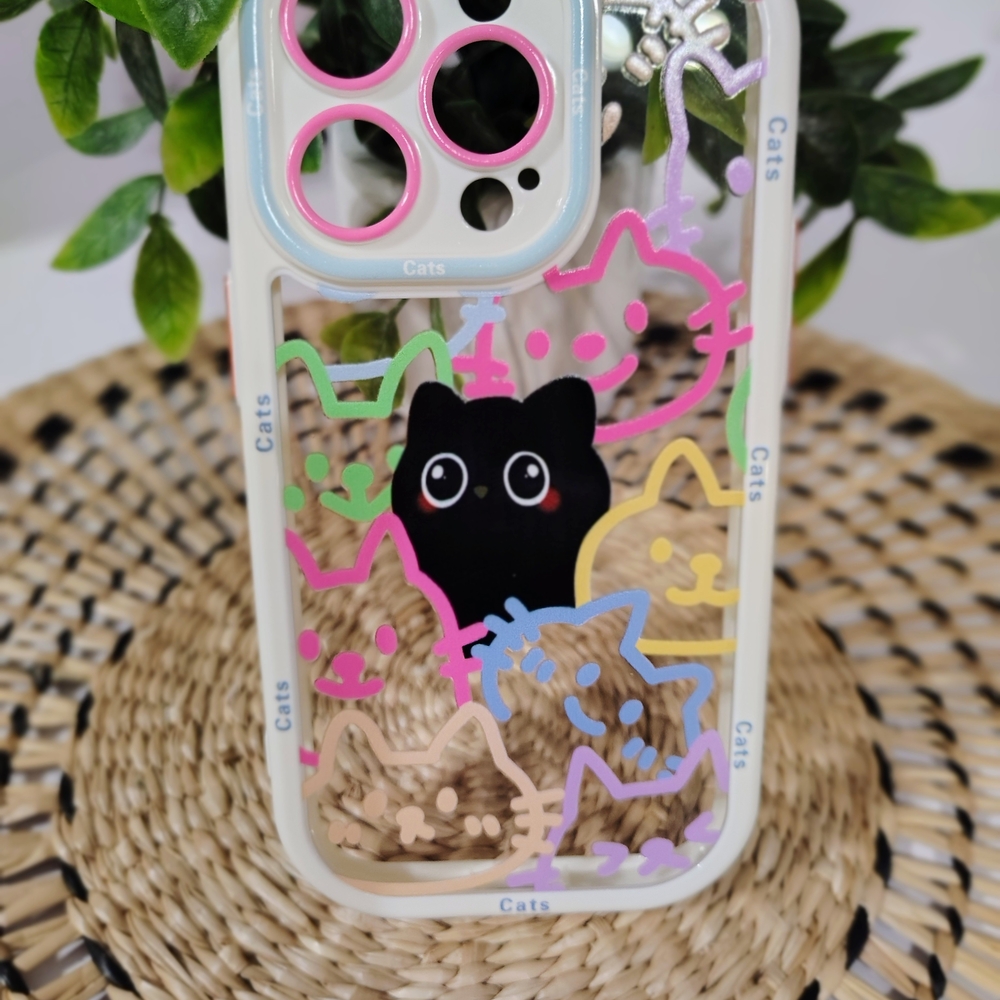 Clear Cute Cats Iphone 14 PRO Case with Pink Lens Trim